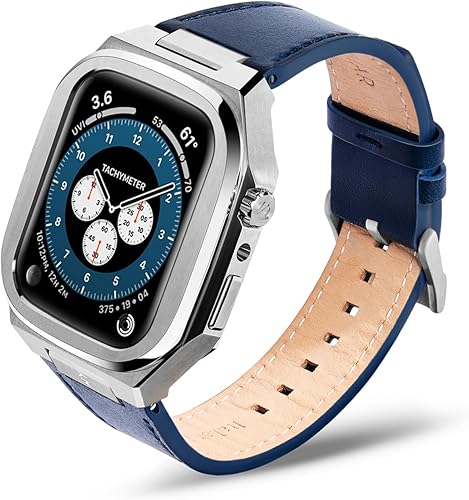 Kronemar Funda para Apple Watch con correa de cuero italiano compatible con Apple Watch Series 654SE de 1.732 pulgadas, caja de acero inoxidable
