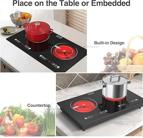 Miniatura 4 de VBGK Cocina eléctrica de 2 quemadores, estufa eléctrica de 110 V 2400 W con control táctil, 9 niveles de calefacción, temporizador y seguridad para