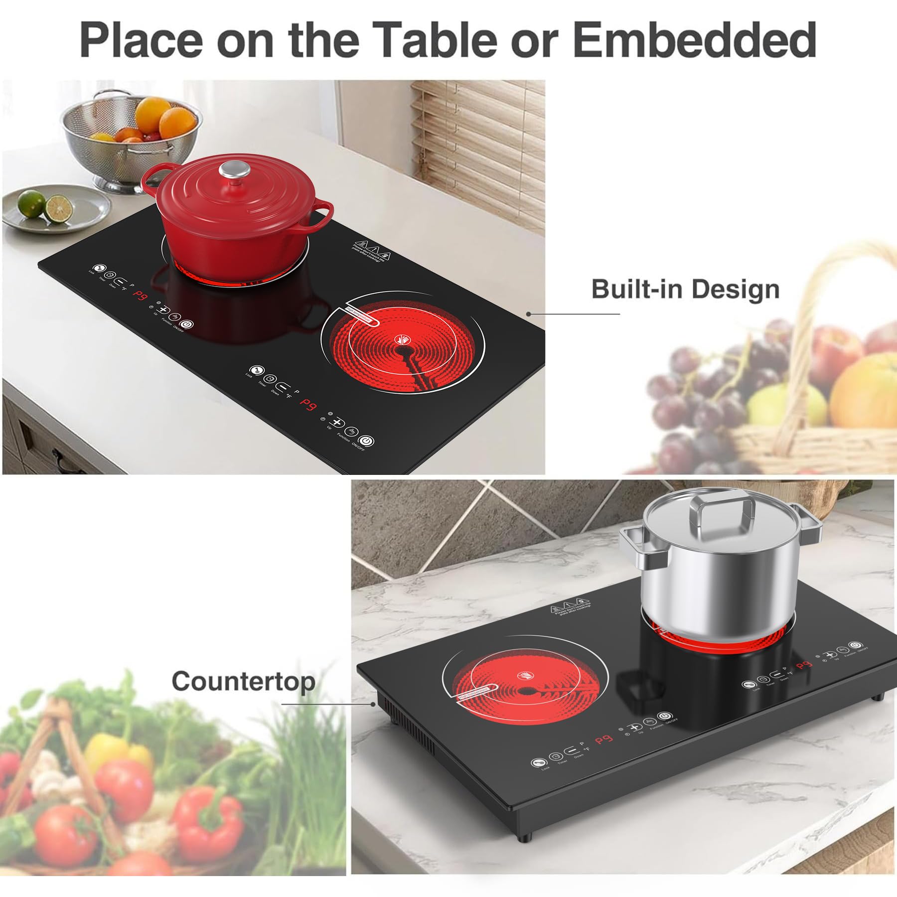 Cocina eléctrica de 2 quemadores, estufa eléctrica de 110 V 2400 W con control táctil, 9 niveles de calefacción, temporizador y seguridad para niños 4