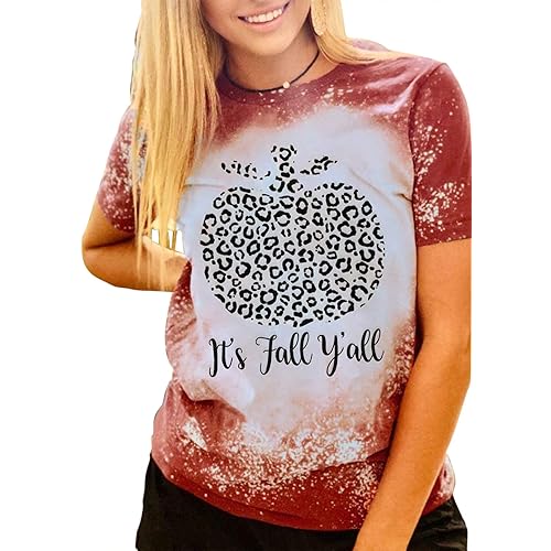Women's It's Fall Y'all Shirts Leopard Pumpkin Bleached T Shirts Short Sleeve Crew Neck Letter Print Graphic Tees Tops
