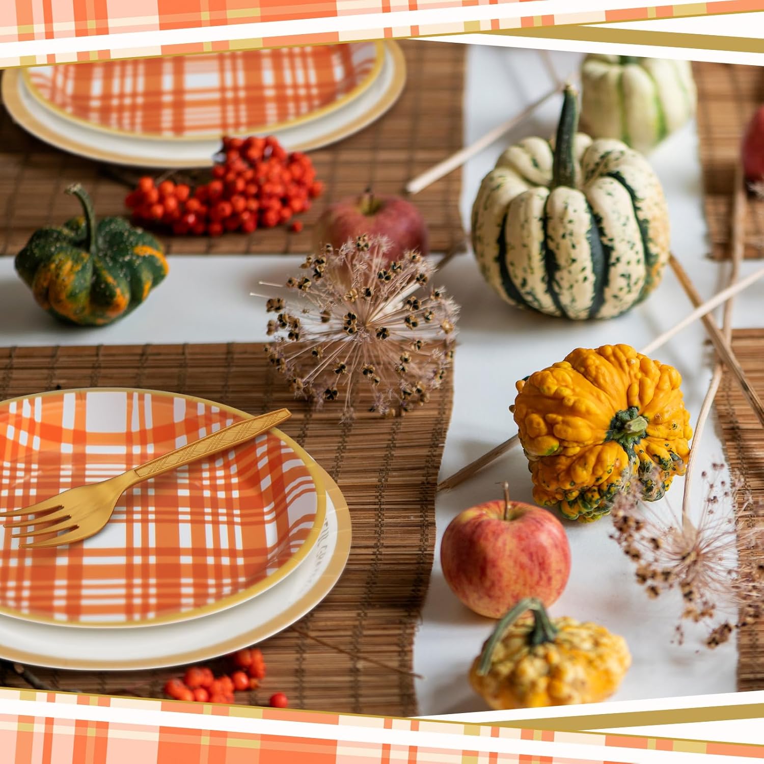 Yungyan 24 Set Thanksgiving Plates Party Supplies Disposable Friendsgiving Fall Gingham Tableware Thankful Paper Plates Napkins with Forks Knives for Guests, Turkey Pumpkin Dessert Dinnerware Favors