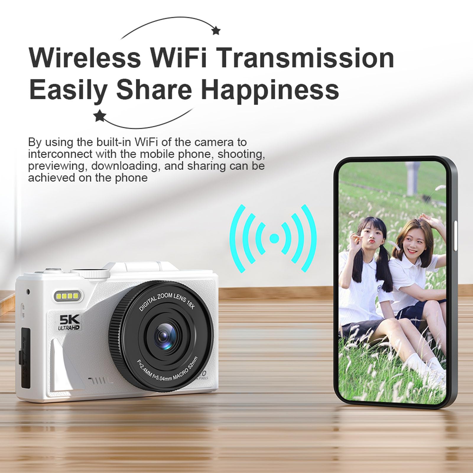 Tangxi Fotocamera Mirrorless 5K, Fotocamera Digitale da 75MP con Zoom Ottico 18X Messa a Fuoco Automatica, per Vlogging con Rilevamento Sorriso Antivibrazioni e Supporto Flip (WHITE)