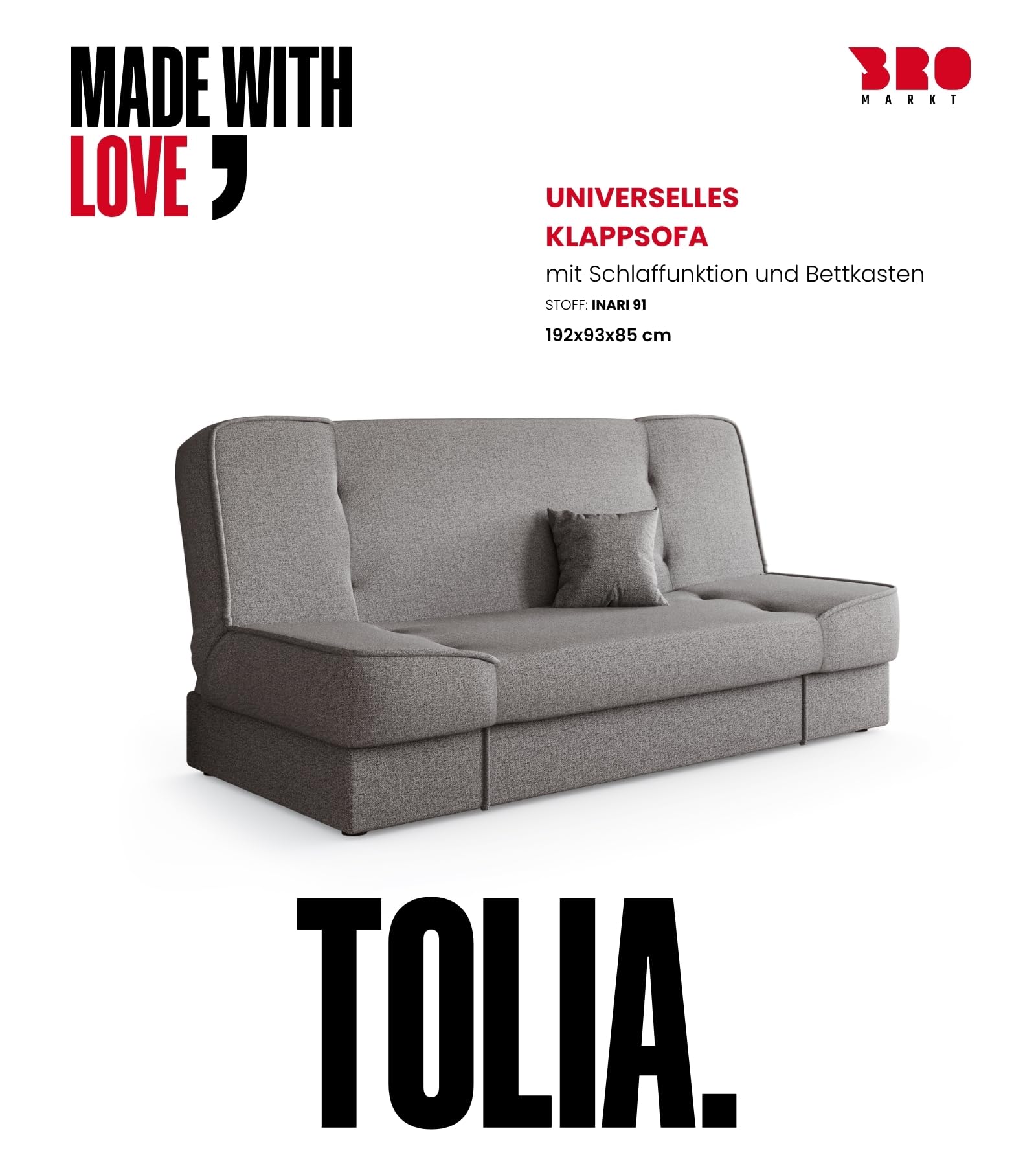BROMARKT Schlafsofa mit Bettkasten Hellgrau 192x85x93 cm Couch mit Schlaffunktion 190x115 cm Sofa Bed Schlafcouch für Wohnzimmer Wohlandschaft Klappsofa mit 1 Kissen TOLIA