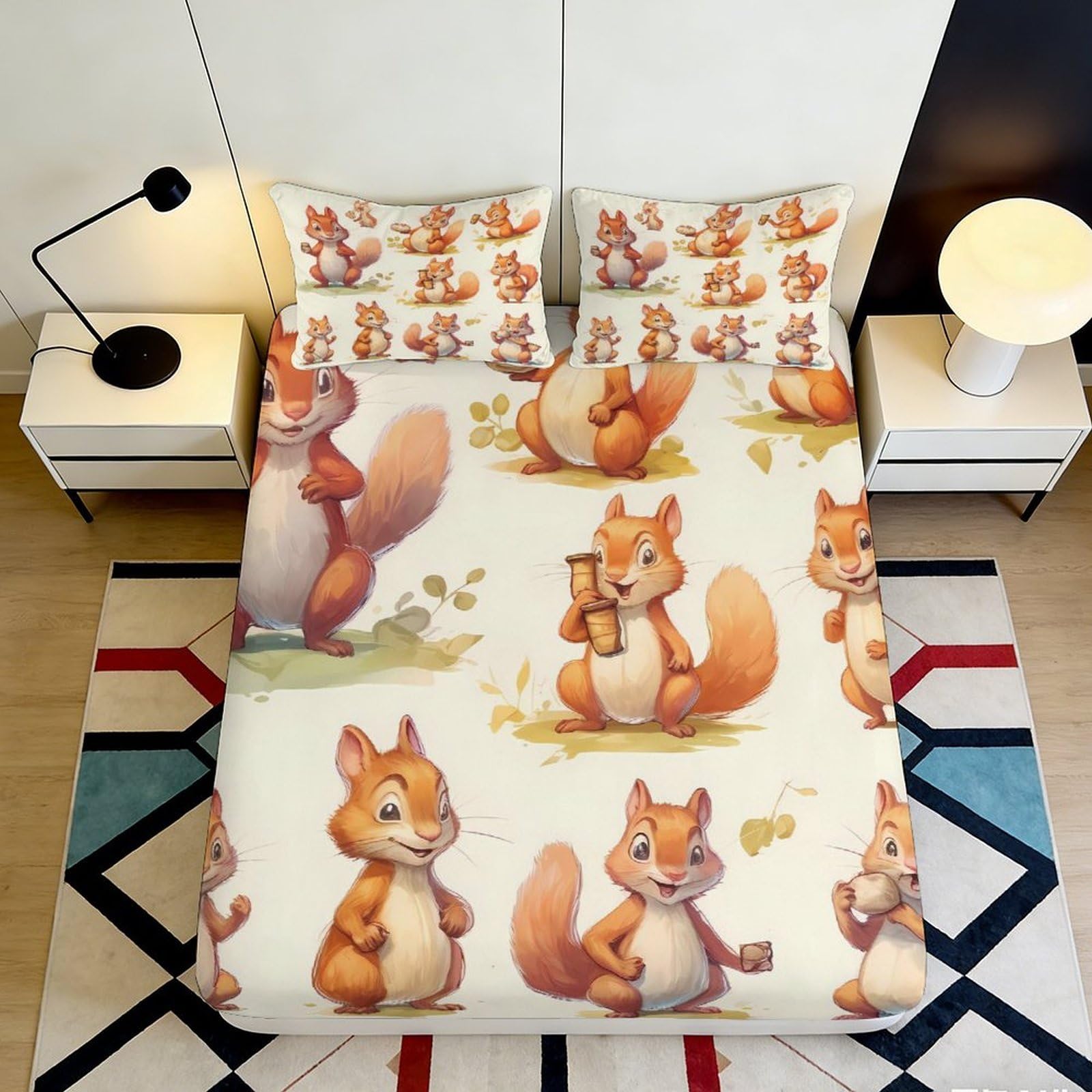 3D Printed Cartoon Squirrel Fitted Sheet Microfiber Deep Pocket Bedroom Bedding Cartoon Squirrel Mattress Fitted Cover Non-Slip Full Wrap Washable 90x200x25cm