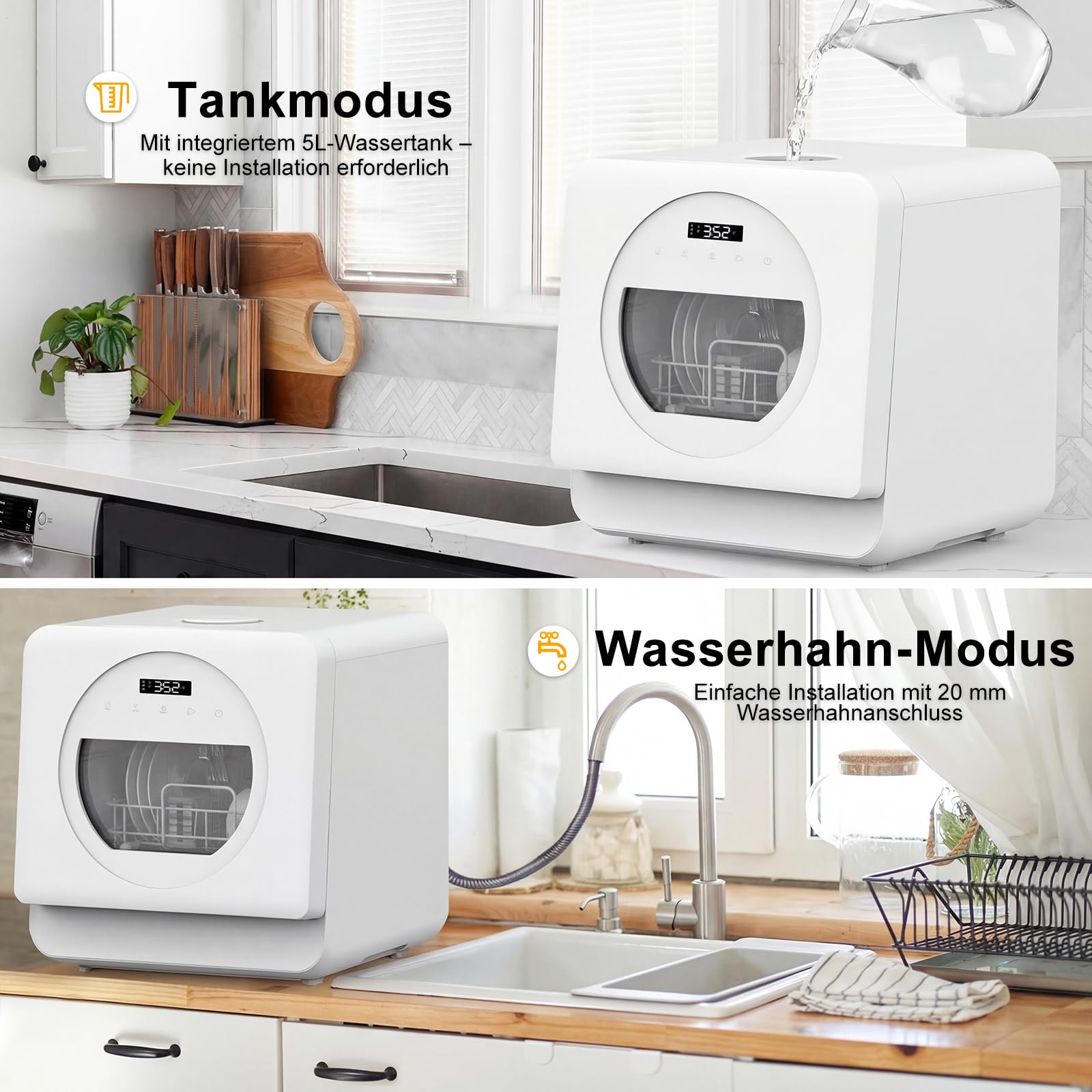 Mini Tischgeschirrspüler 5L Wassertank 6+1 Programme 360° Reinigung PTC-Lufttrocknung 24H Startzeitvorwahl