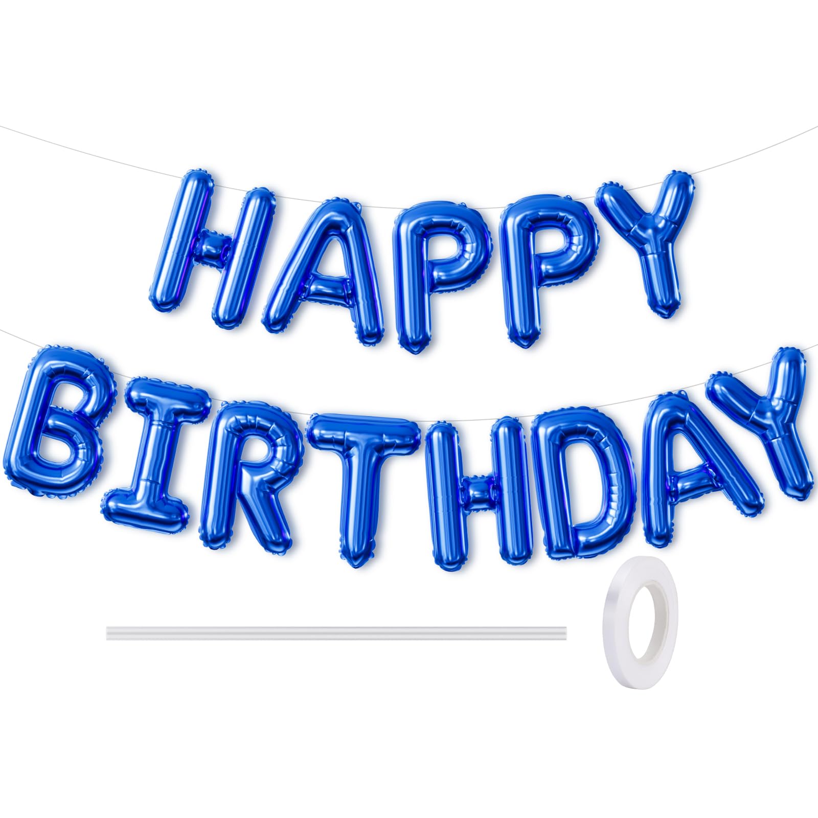 Adeyoo Blue Happy Birthday Balloons Banner - 16 Inch Blue Big Letter Balloons Reusable Self Inflating Balloon, Happy Birthday Foil Balloon for Boys Men Girls Women Birth Party Decorations