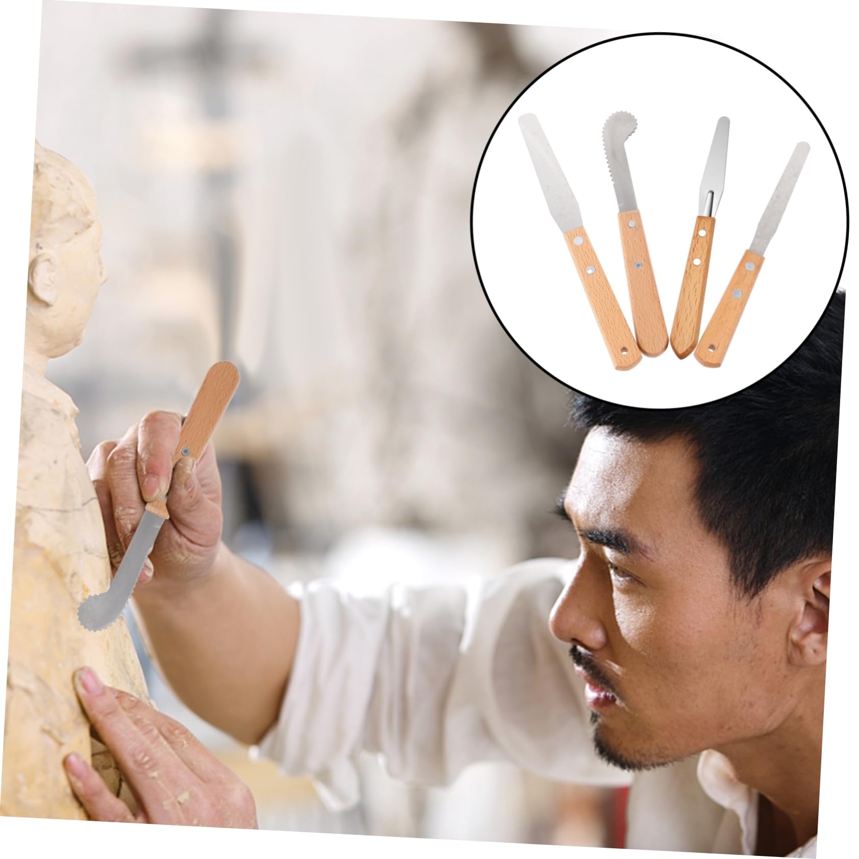 Lurrose 3 Ensembles Couteau À Graver Poterie Sculpture Outil Spatule À Plâtre Coupeur Fraise pour Sculpter Palettiseur Manche Bois Palettiseur pour Argile Acier Inoxydable 4 Pièces * 3