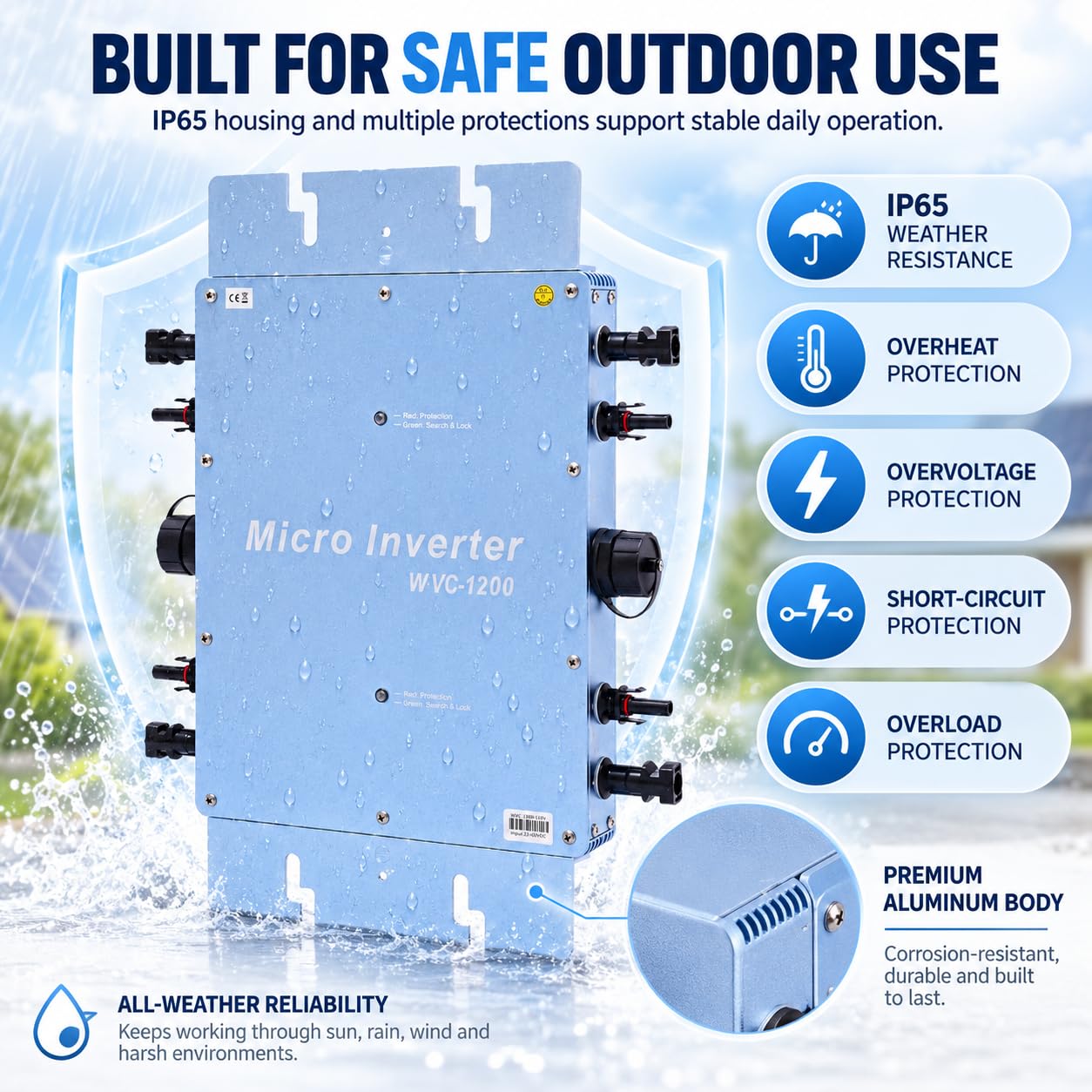 Inversor de red eléctrica para balcón, microinversor solar, WVC, inversor de módulo, microinversor, acoplado a la red, con indicador de vigilancia de datos CA, 4 rastreadores MPP, 1200 W, IP65
