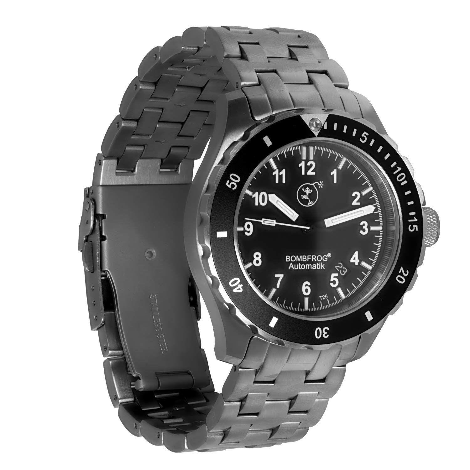 Taucheruhren Herren BT25 mit im eleganten Militär Uhr-Look, gebürstetes Edelstahlgehäuse mit entspiegeltem Saphirglas