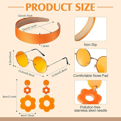 Miniatura 3 de SATINIOR 4 piezas de disfraz hippie de los años 60 y 70 para mujer, disfraz retro de discoteca, vestido genial con diadema, aretes, lentes de sol