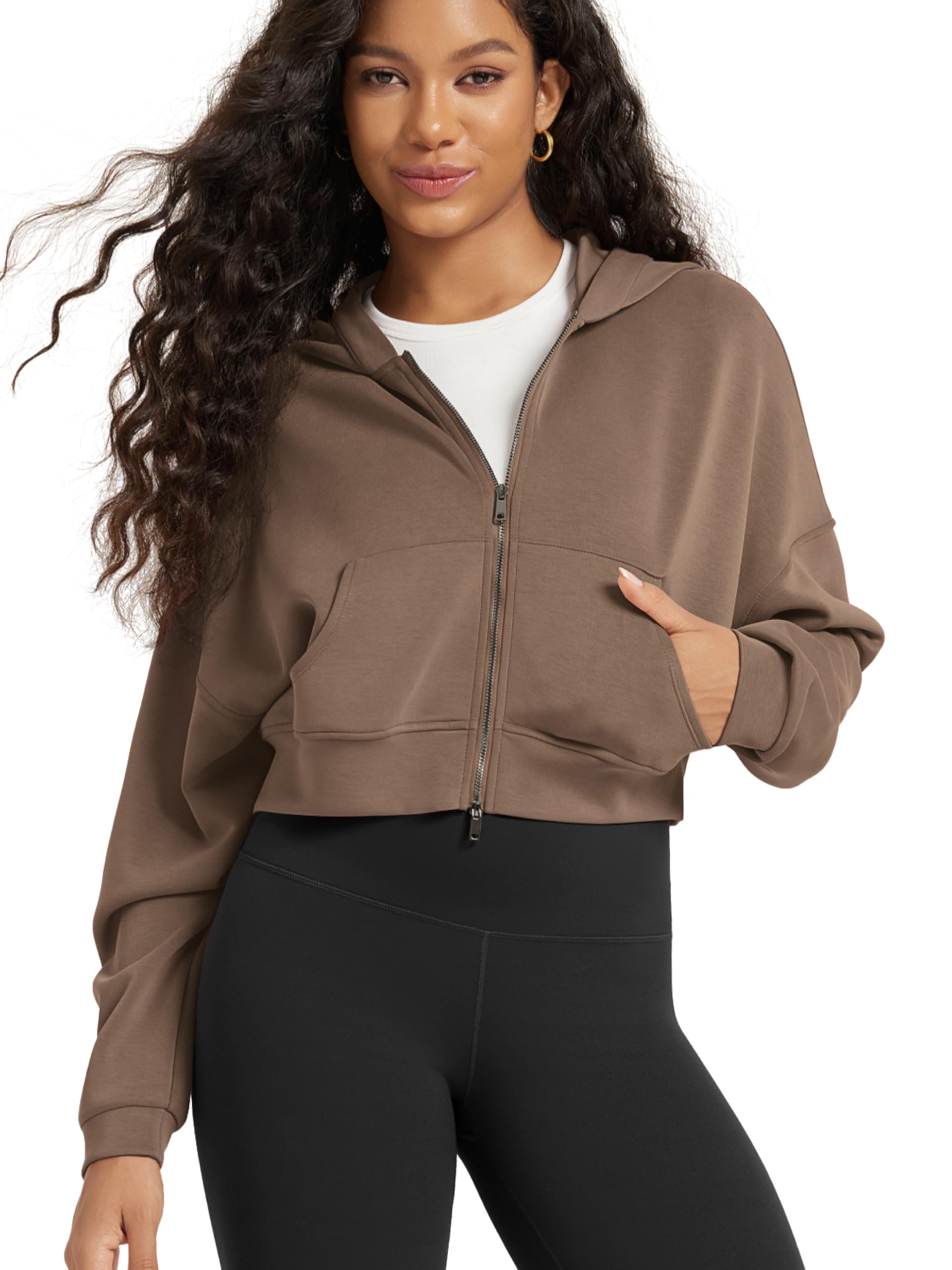 ODODOS Women's Modal Soft Full-Zip Cropped Hoodies with Pockets Long Sleeve Crop Casual Sweatshirts