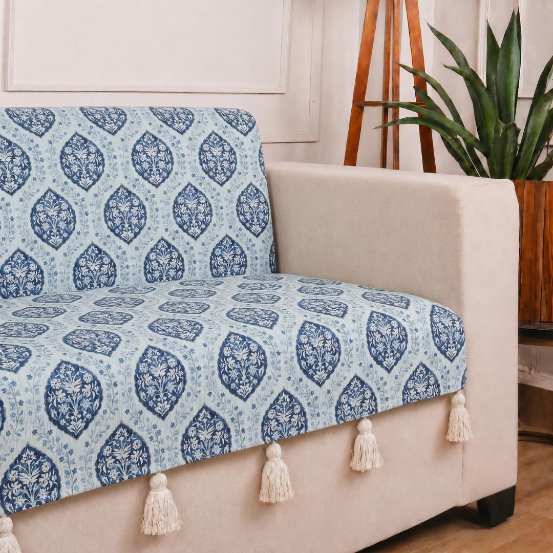 STITCHNEST 'Eden Weaves Collection Series' 1 Seater Sofa Cover – Full Coverage| Elegant Woven Fabric, Decorative Tassels, Washable & Durable for Modern Living