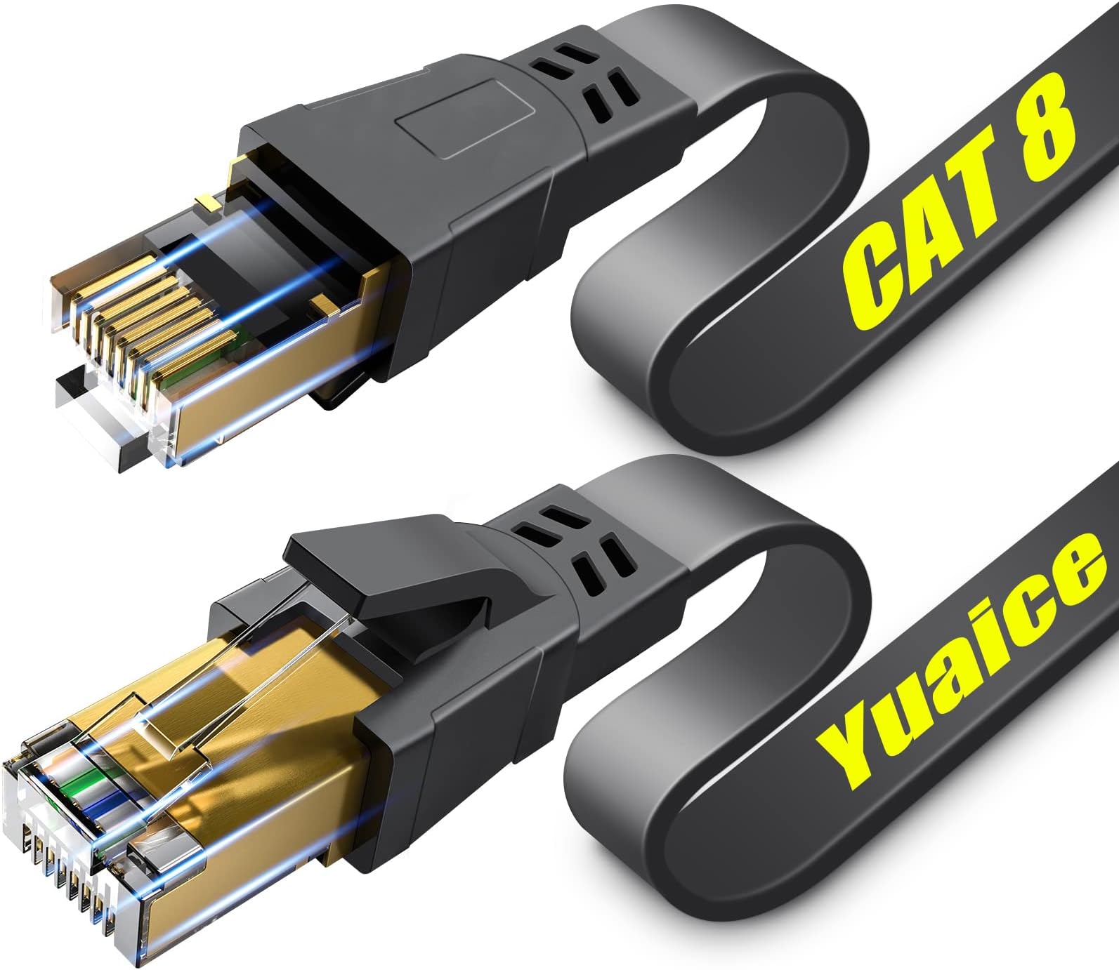 Yuaice Cat 8 Ethernet Cable, 50FT Heavy Duty High Speed Flat Internet Network Cable, Professional LAN Cable, 26AWG, 2000Mhz 40Gbps with Gold Plated RJ45 Connector, Shielded in Wall, Indoor&Outdoor