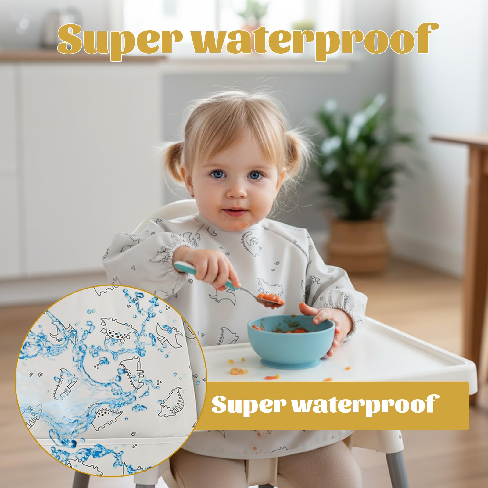 2 Pcs Baberos con Mangas, 6 a 24 Meses, 42x37cm, Babero Impermeable Bebe con Bolsillo Grande y Cuello Elástico, para Comida de Bebé Accesorios de Guardería Diaria