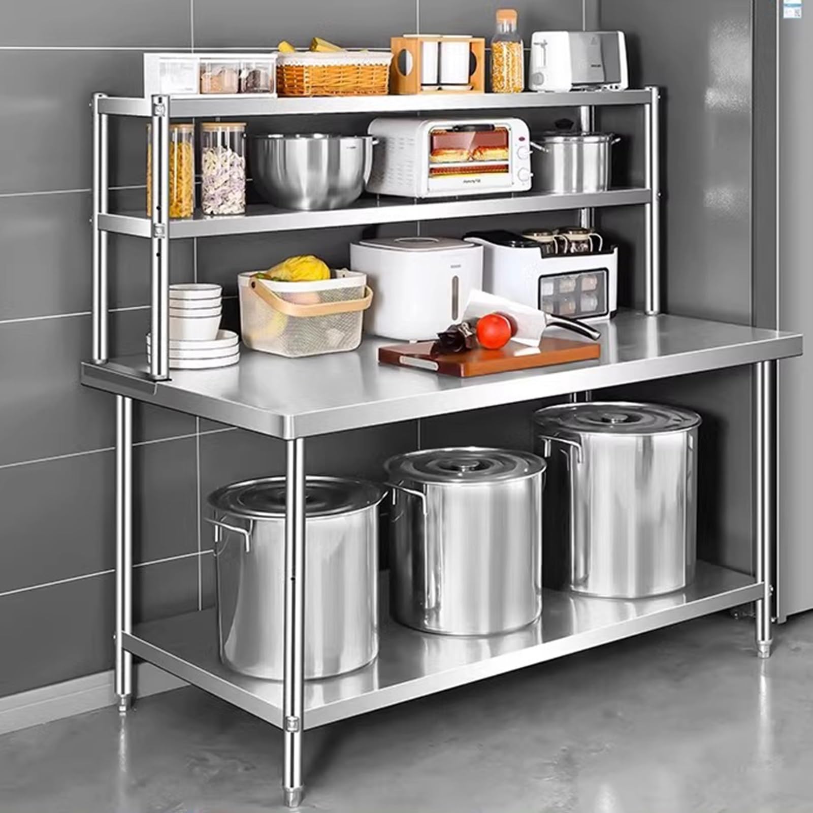 Scaffale regolabile a 3 ripiani in acciaio inox resistente per ristoranti e cucina, scaffalatura per tavolo da preparazione commerciale, 60 x 35 x 80 cm, finitura argento durevole