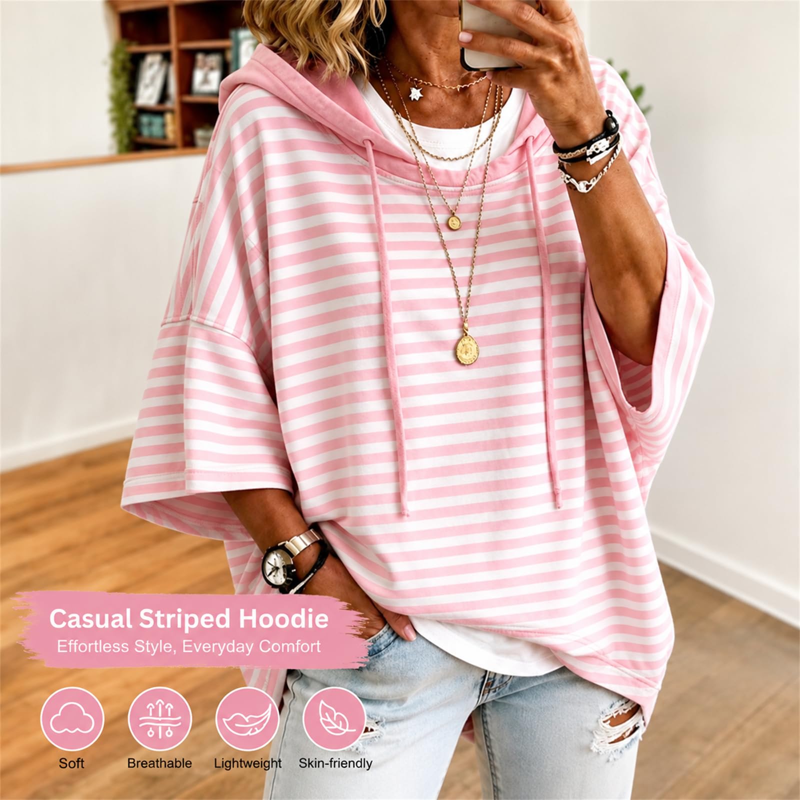 Bluzy z kapturem dla kobiet ze sznurkiem w paski 3/4 rękaw pulower bluza | Miękkie, lekkie, na co dzień z długim rękawem, topy z kapturem z odkrytymi ramionami, jesienne modne ubrania 2026