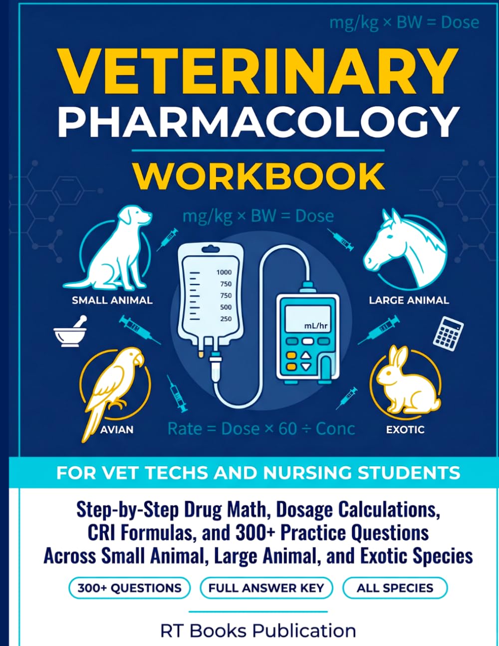 Veterinary Pharmacology Workbook for Vet Techs and Nursing Students: Step-by-Step Drug Math, Dosage Calculations, CRI Formulas, and 685+ Practice ... Animal, and Exotic Species | VTNE Exam Prep