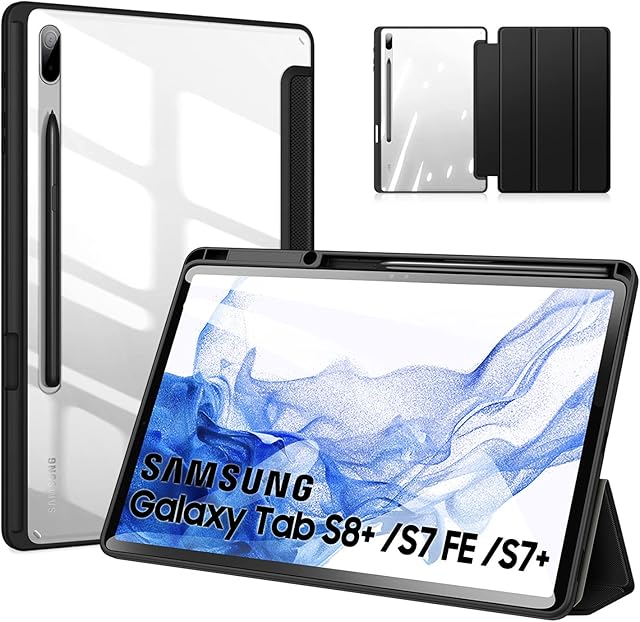 Case for Samsung Galaxy Tab S8+ Plus/S7 FE, DUZZONA Lightweight Trifold Stand+Transparent Back Cover for 12.4 Inch Galaxy Tab S8 plus 2022/S7 FE 2021/Tab S7 Plus 2020, Black
