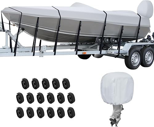 Miniatura 1 de Preboun 2 piezas 600d impermeable cubierta de lancha con cubierta de motor remolcable Bass Boat cubierta y 17 correas de apriete para Bass Boat V