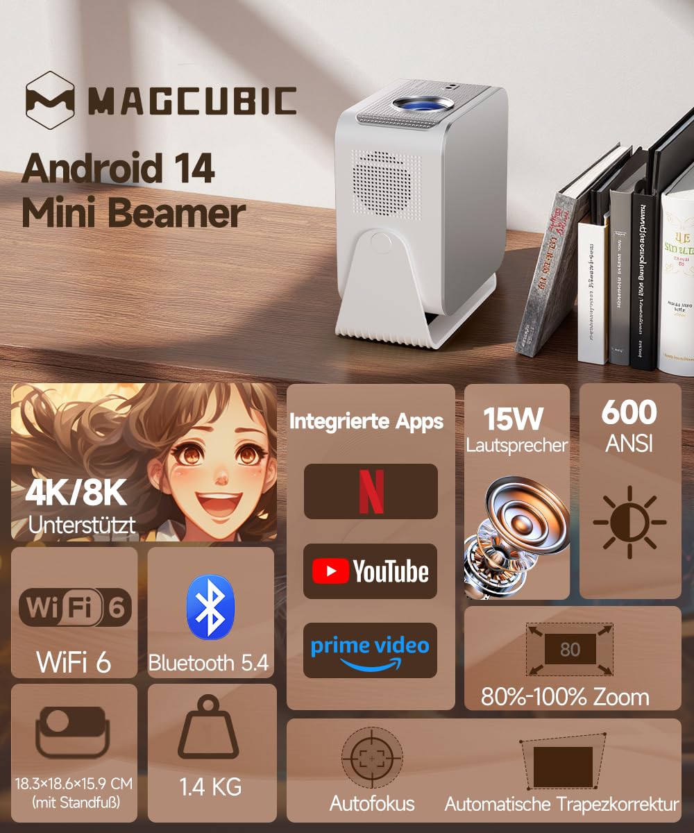 Magcubic Mini Beamer 4K & 8K 1080P Unterstützt, Projektor Tragbarer mit WiFi 6 Bluetooth 5.4, Autofokus 6D Auto-Trapezkorrektur, 15W Lautsprecher, 180° Dreh Smart Beamer Heimkino HY350MAX