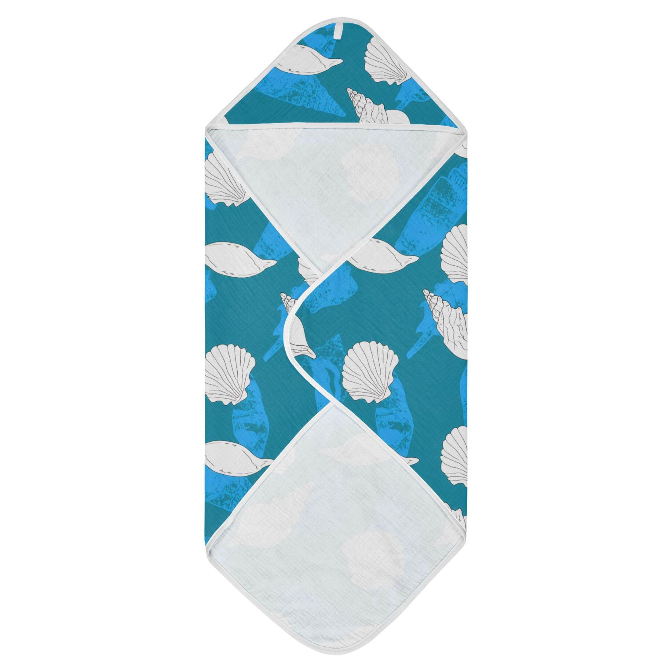 Kigai Baby Hooded Towel Absorbent Baby Bath Shower Towel with Hood for Newborn Boys Girls Babies Infant Toddler (Shells on Blue 35 x 35 in)