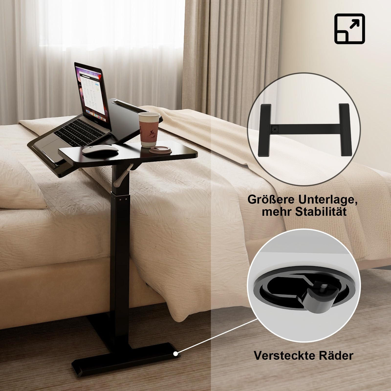PUNCIA Laptoptisch höhenverstellbar 70-100cm drehbarer Laptopständer mit Rollen mobiles Stehpult Überbett-Tisch ergonomisch Steh-Sitztisch Präsentationswagen für Bett Sofa Büro Office Schwarz