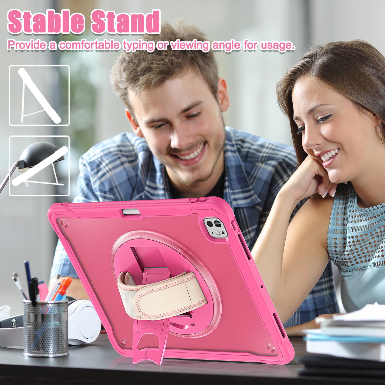 Kompatybilne z iPadem Pro 33.0 cm M5 2025/ M4 2024, wbudowana osłona ekranu, odporna na pęknięcia powłoka 2 w 1, odporne na wstrząsy, wytrzymałe etui W uchwyt + pasek na ramię + obrotowa podpórka