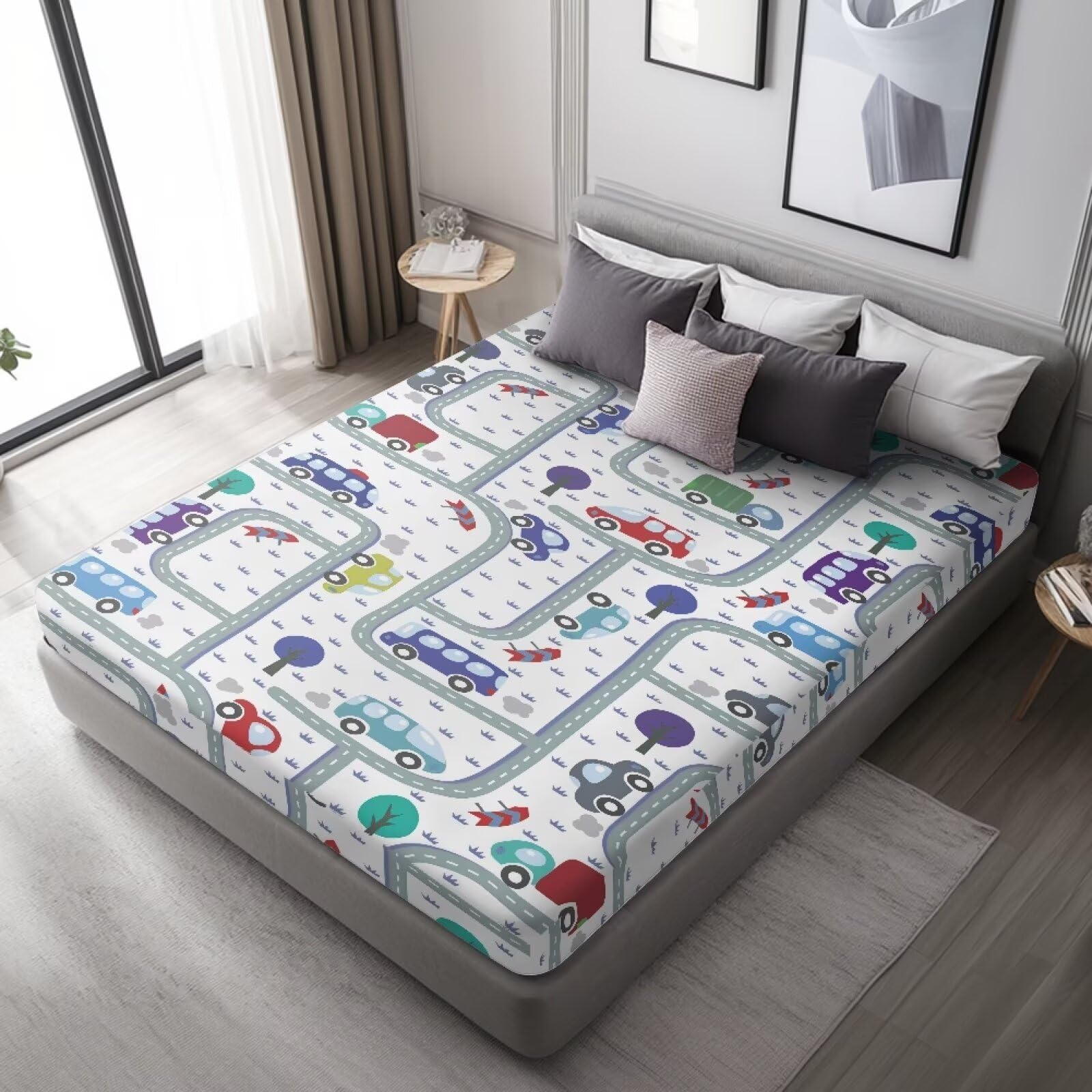 GLENLCWE Transportation Rail Car Fitted Sheet for Kids Boys Bedding Covers with All Round 16