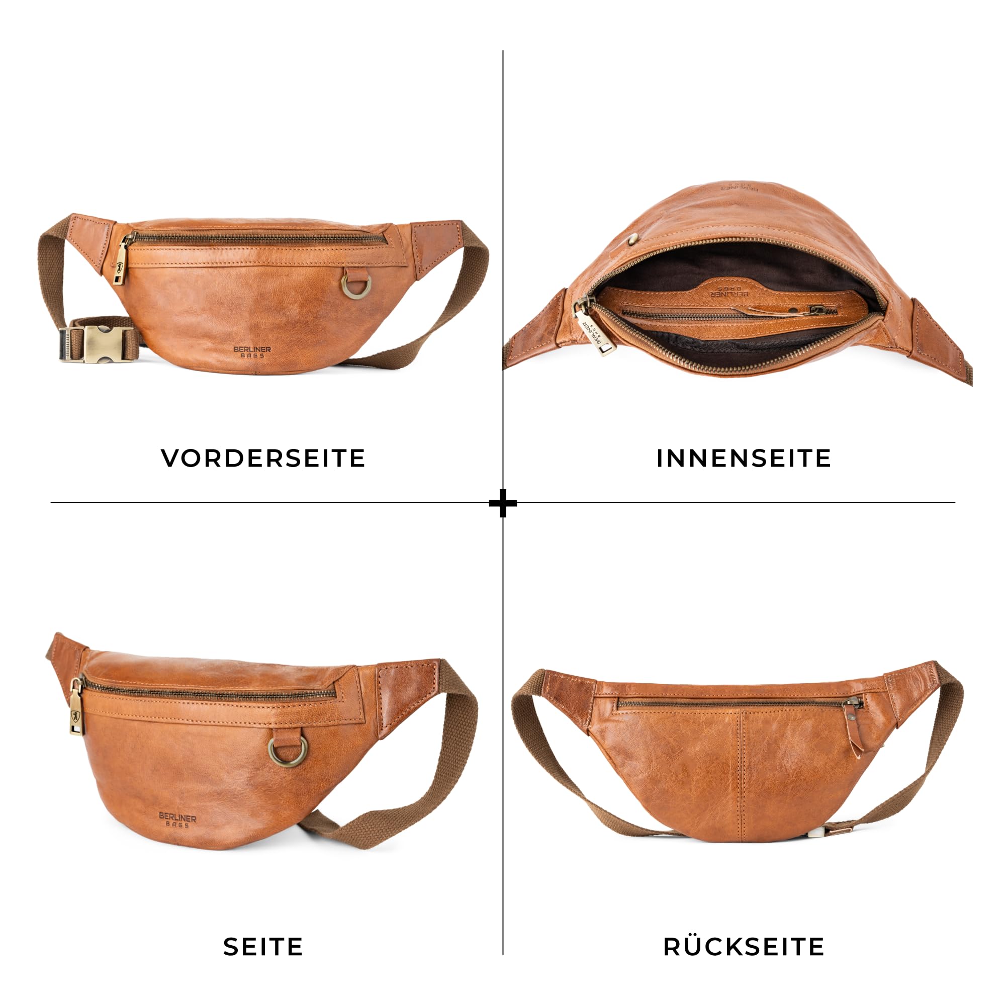 Berliner Bags Vintage Bauchtasche Turin, Gürteltasche aus Leder, mit verstellbarem Gurt und YKK Reißverschlüsse, Wasserabweisend für Herren - Braun