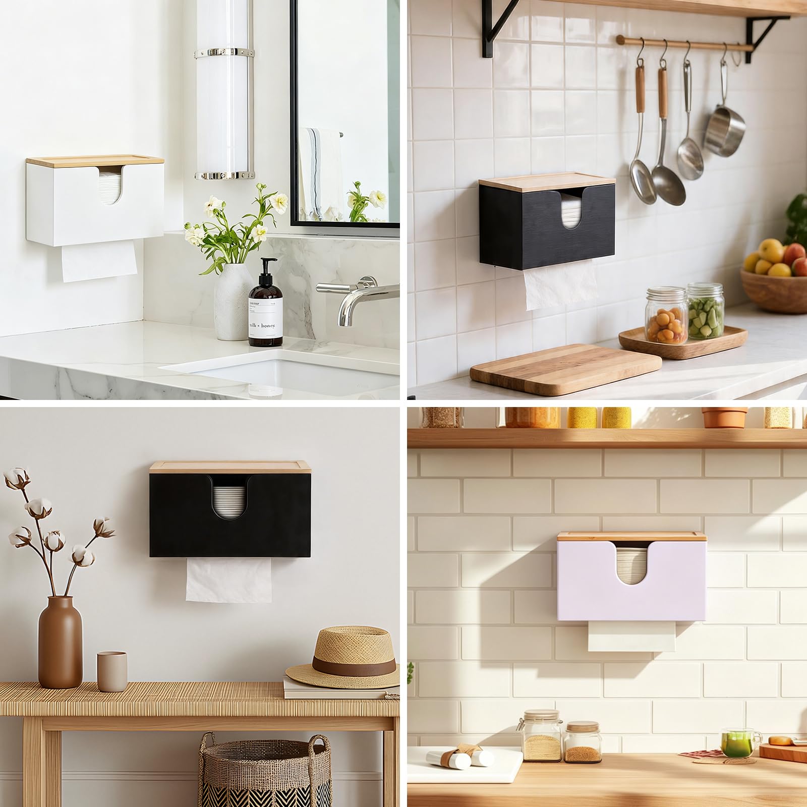 Distributeur Essuie Main Mural en Bambou,27.5x16x13cm,Distributeur de Papier Multifonction,Couvercle Magnétique, Compatible Pliées V/C/Z, Cuisine & Salle de Bain