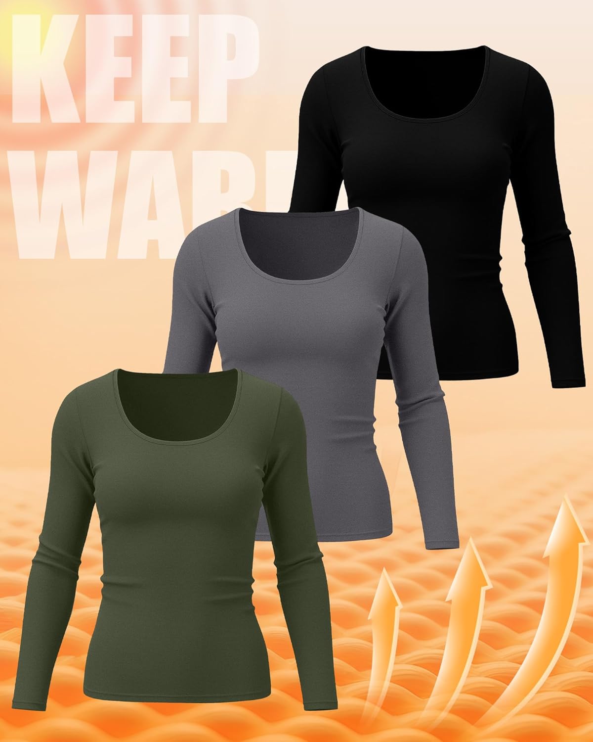 Ficerd 3 Pack Women's Plus Size Thermal Shirts Fleece Lined Scoop Neck Long Sleeve Tops Fitted Winter Base Layer Underwear
