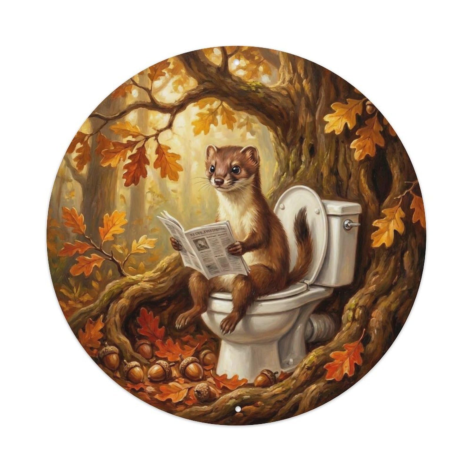 Weasel On Toilet Humorous Bathroom Autumn Hollow Log Metal Tin Sign