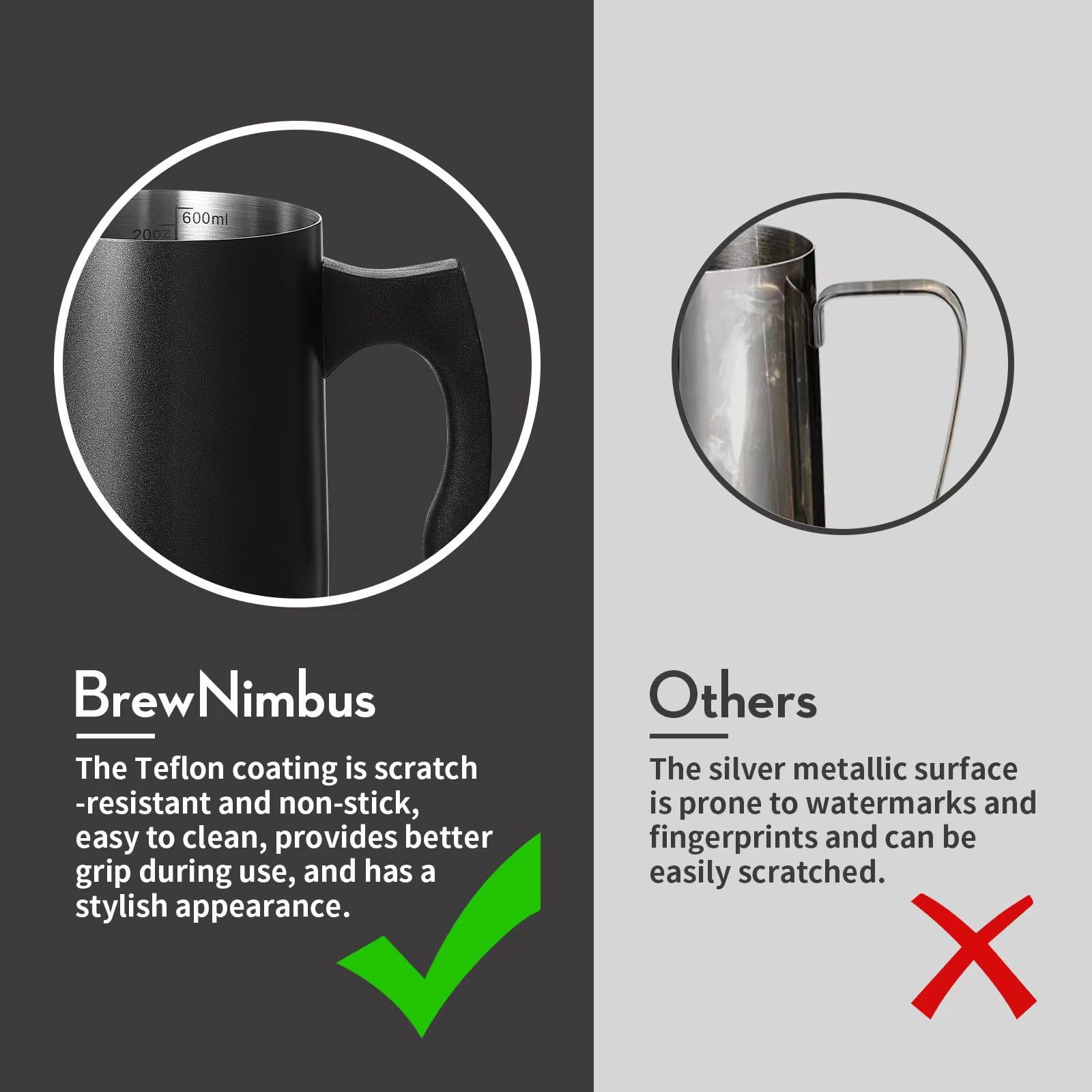 Jarra de espuma de leche, jarra de espuma de acero inoxidable de 600 ml con marcas de medición duales, taza espumadora para espresso, capuchino, arte latte