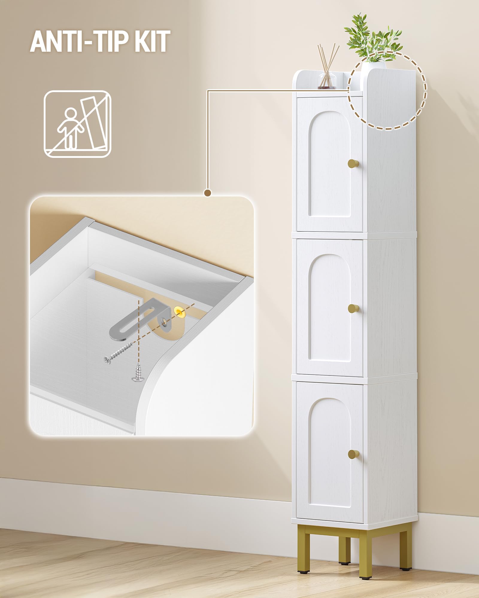 Hzuaneri Mueble de Baño, Armario de Almacenamiento Estrecho para Baño, 3 Puertas, 4 Patas Ajustables, para Lavadero, Cocina y Sala de Estar, 20 x 20 x 108,5 cm, Blanco BC22313G | Armario esquinero con patas ajustables, para cuarto de baño, cocina, 20 x 20