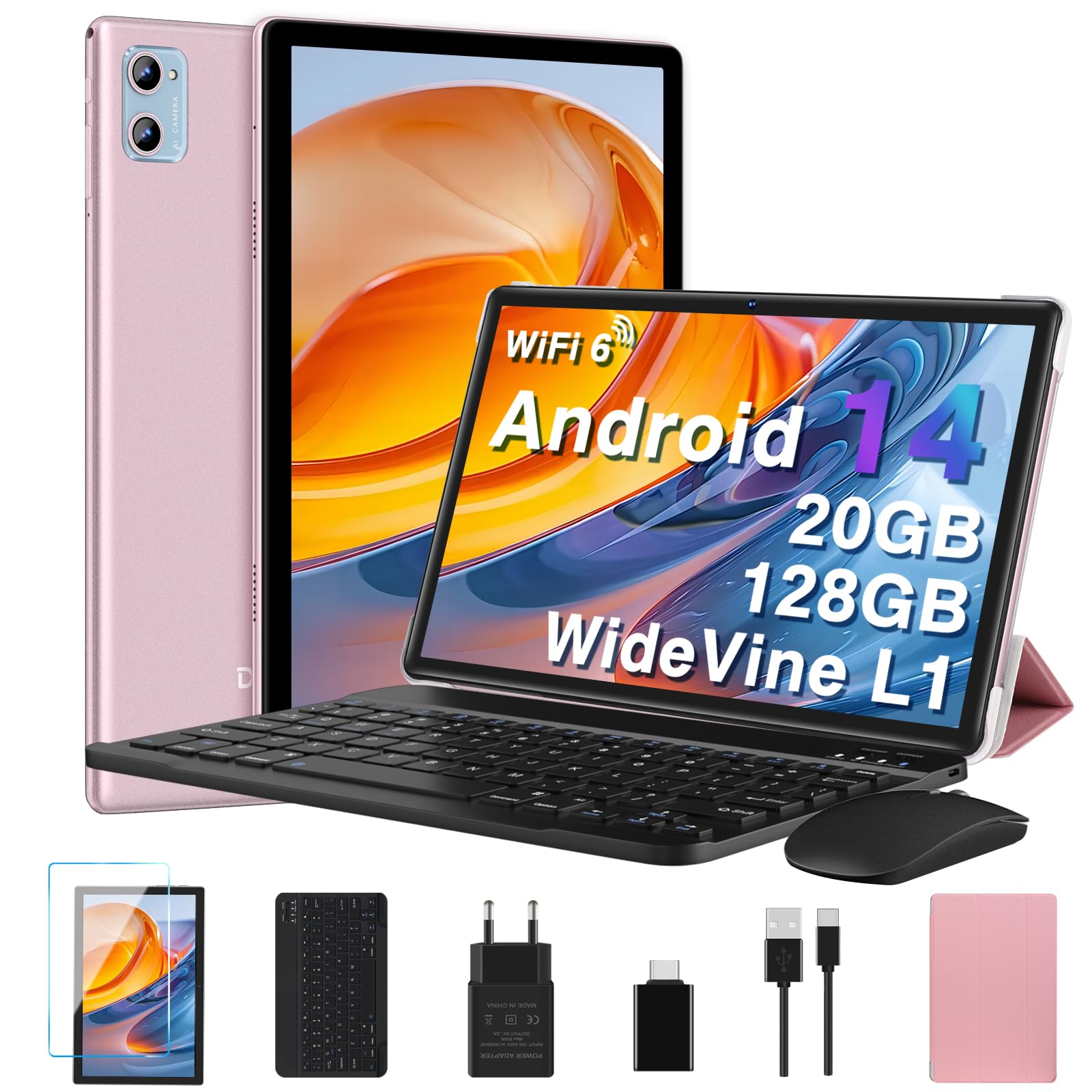 2026 Neuest Tablet 10 Zoll Android mit 20GB RAM + 128GB ROM (TF 2TB), Octa Core, 5G Wi-Fi 6, Bluetooth 5.0, 6000 mAh, Widget, 5MP + 8MP, Widevine L1, GMS Tablet 2 in 1 mit Tastatur und Maus - Gold