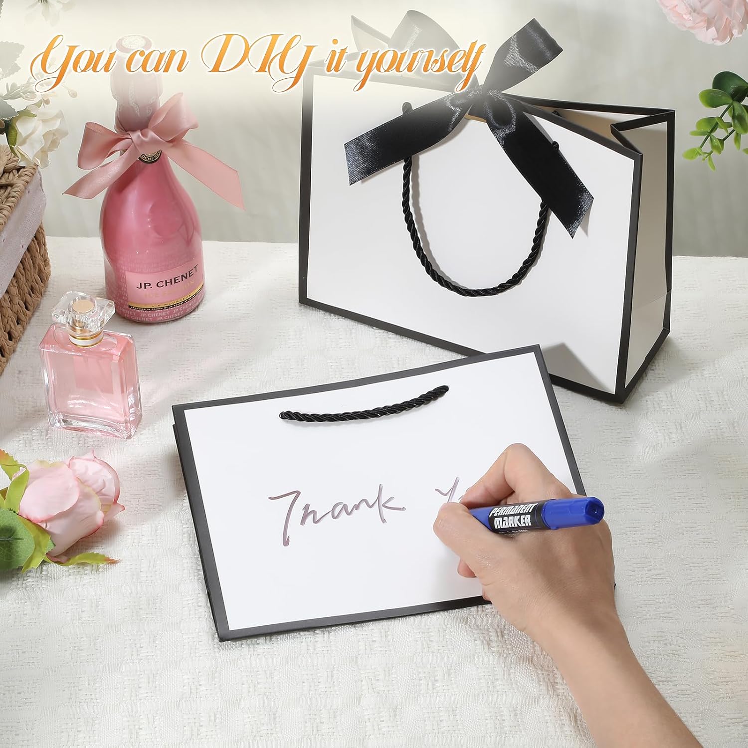 DOYIDE 2 Pack Thank You Gift Bags with Handles, 9x7x3.1in Paper Gift Bags with Bow Ribbon, White Party Favor Bags for Any Birthday Wedding Baby Shower Bridesmaid Party Medium Gift Wrap Bags - Image 2