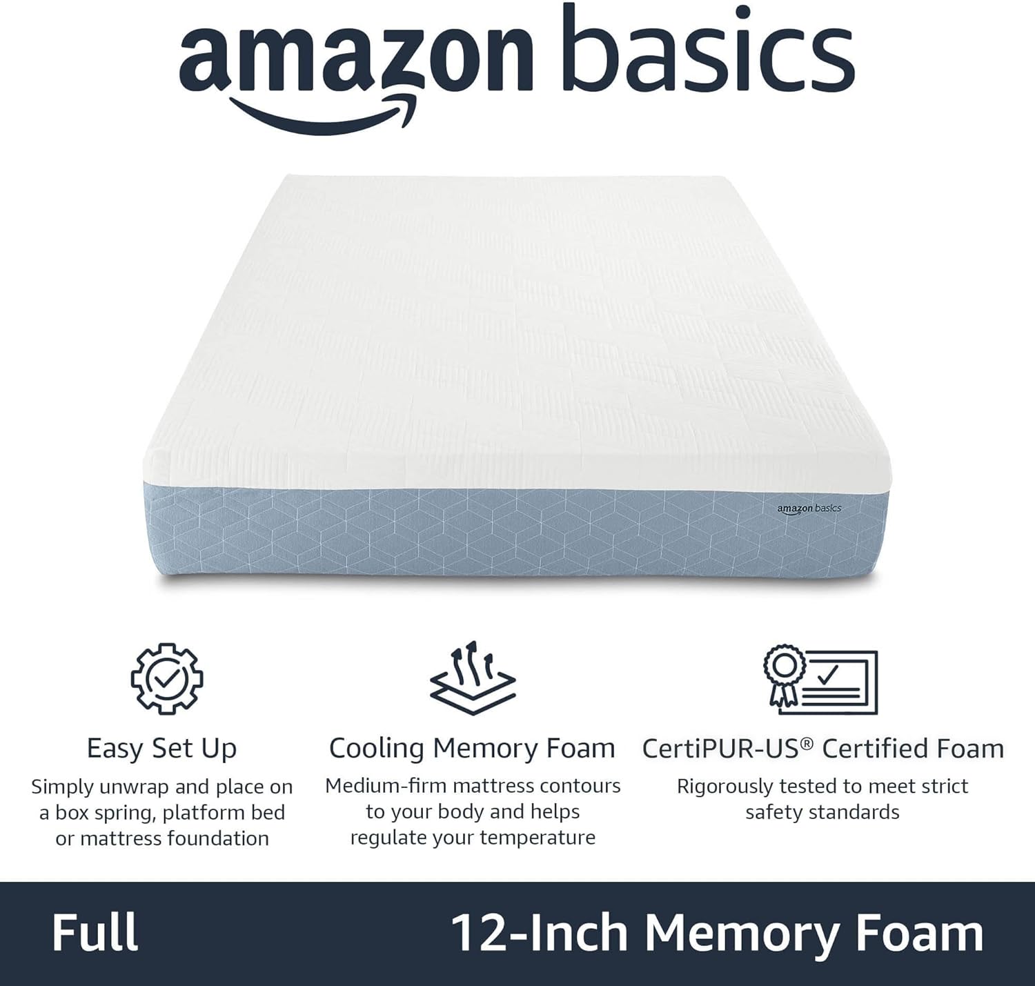 Amazon Basics Memory Foam Mattress, Medium Firm, Cooling Gel, Full Size Mattress, CertiPUR-US® Certified Foam, 75 x 54 x 12 inches, White/Gray - Image 2