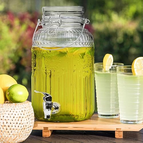 Miniatura 6 de Kingrol Dispensador de bebidas de vidrio de 1 galón con tapa y espita, boca ancha, jarra de jugo a prueba de fugas, dispensador de bebidas vintage