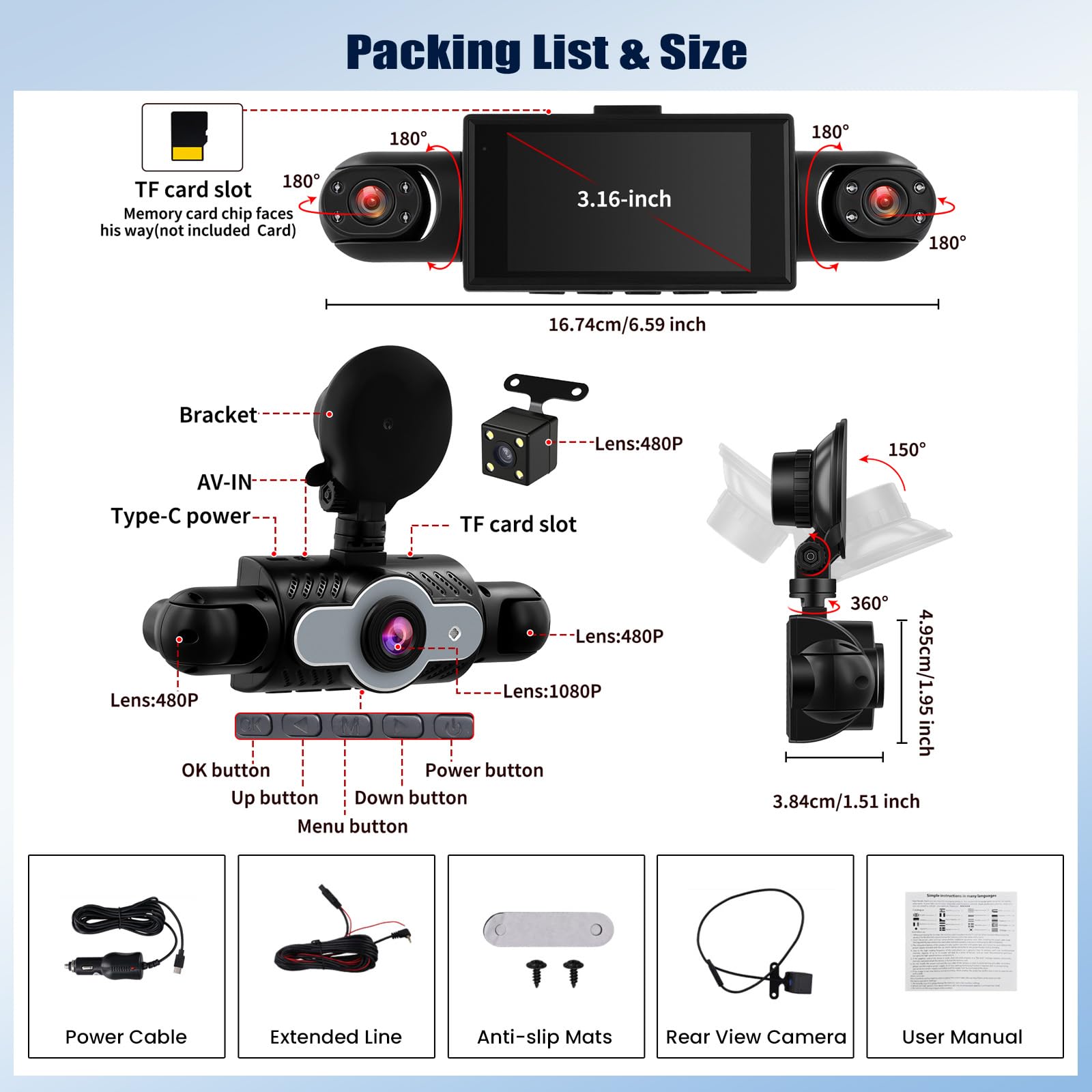 SIXTOP 4 Cámaras Dashcam con Visión Envolvente 360° DVR para Coche Pantalla Full HD 1080P 3 Pulgadas, Detección de Movimiento, Grabación en Bucle Asistencia de Marcha Atrás para Coche/Camión