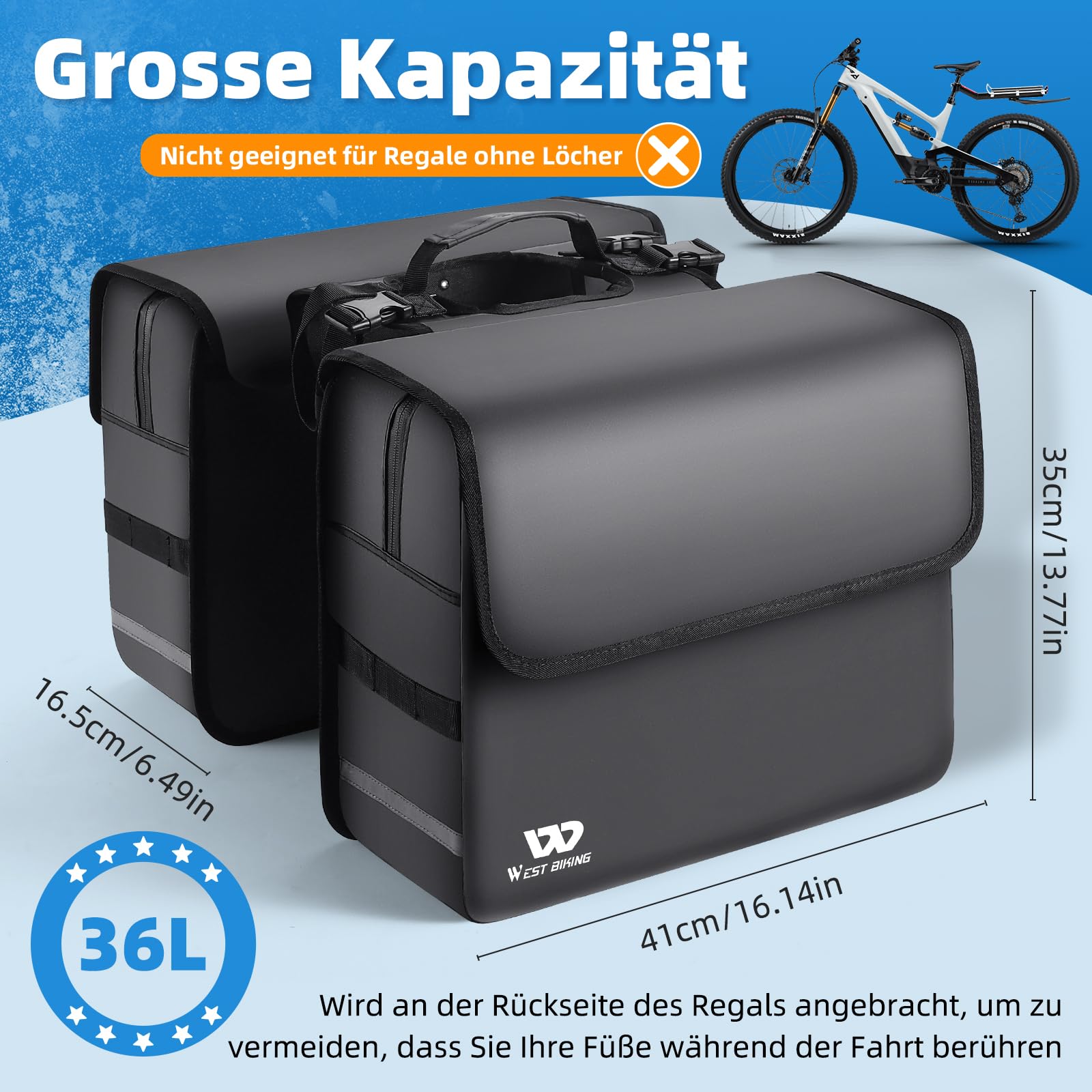 XIQI Fahrradtasche für Gepäckträger 36L - Doppeltasche Fahradtaschen Hinten Gepäckträger