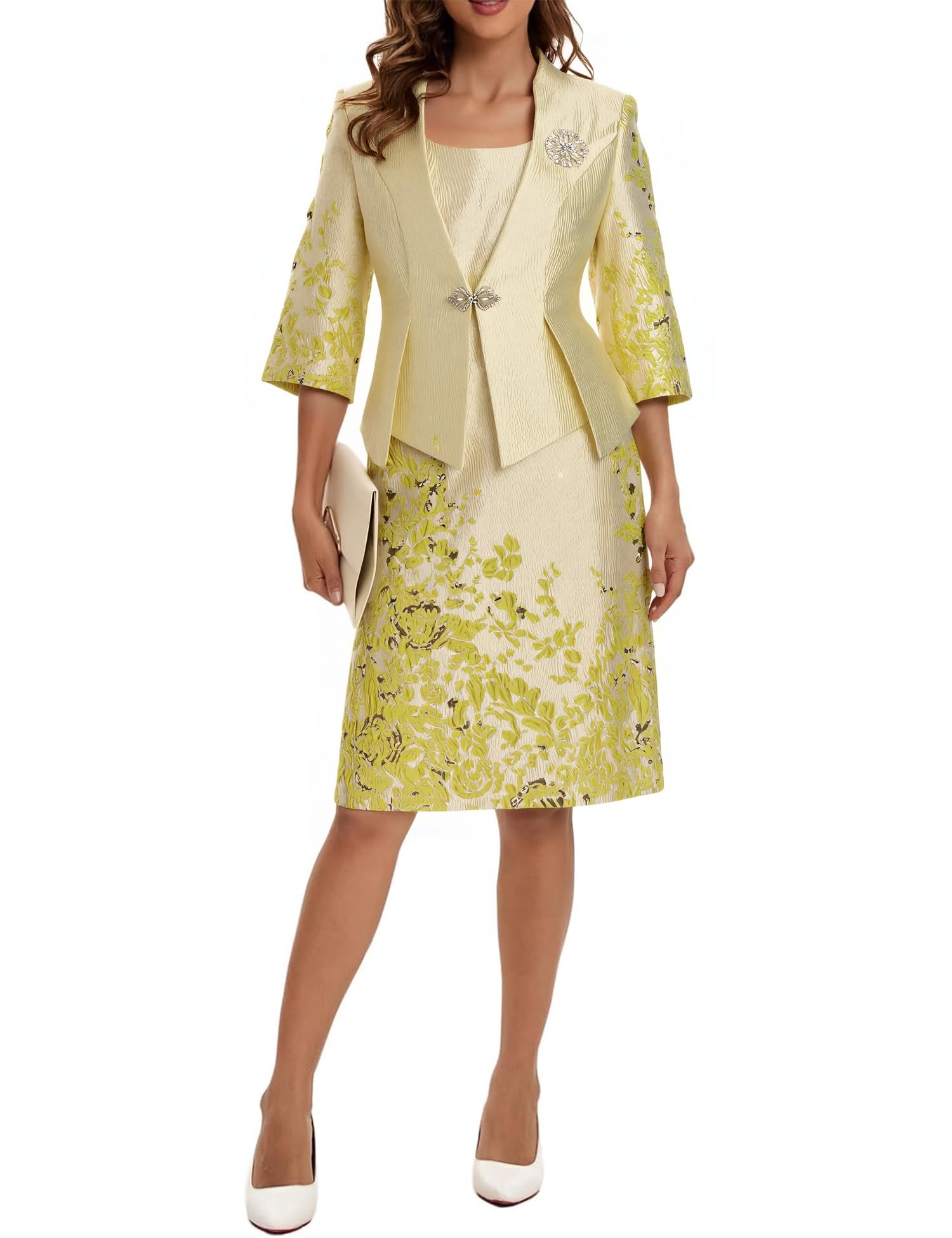 Womens Church Suits 2 Piece Jacquard Embroidery Dress Set for Formal Occasions Wedding Party