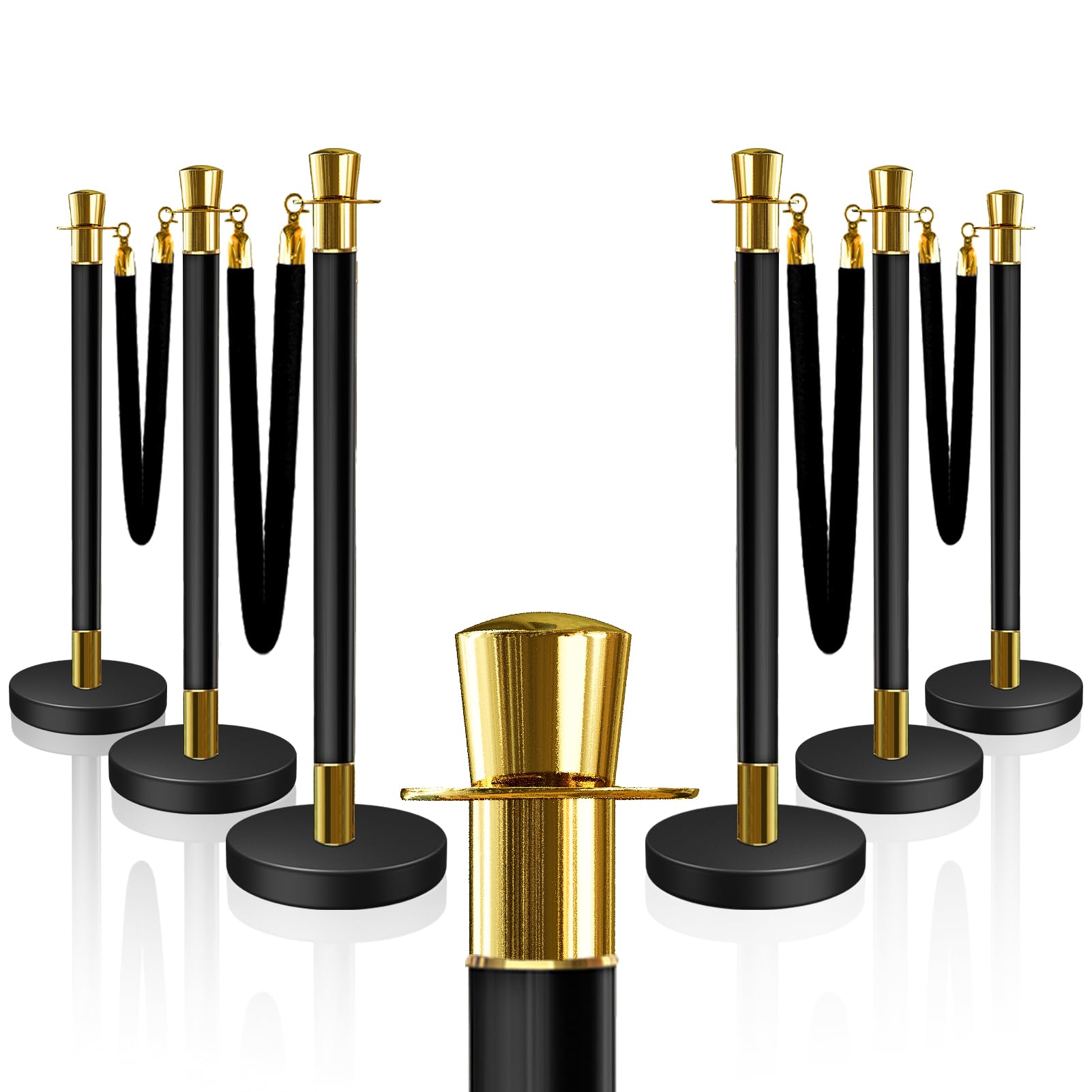 6PCS Top Crown Decoration Black-Gold Stanchions Posts with 4PCS 5 ft Black Velvet Rope, Red Velvet Rope Stanchion Set Crowd Control Barriers, Stanchions and Velvet Ropes Red Carpet Poles for Party