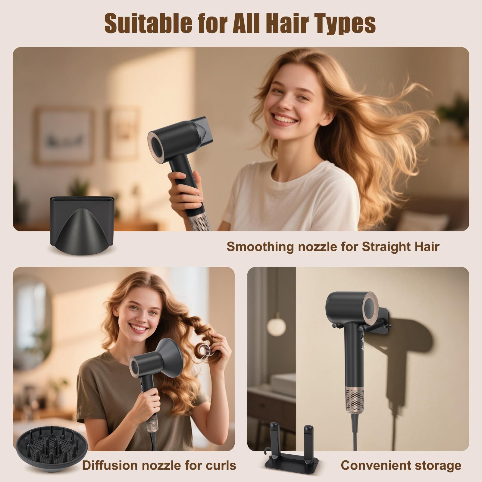 Secador Pelo Profesional con Difusor y Boquillas, 59 dB de Ruido Bajo Secador Pelo Ionico, Motor Sin Escobillas de 160.000 RPM, Hair Dryer con 4 Temperaturas y 2 Velocidades, Negro