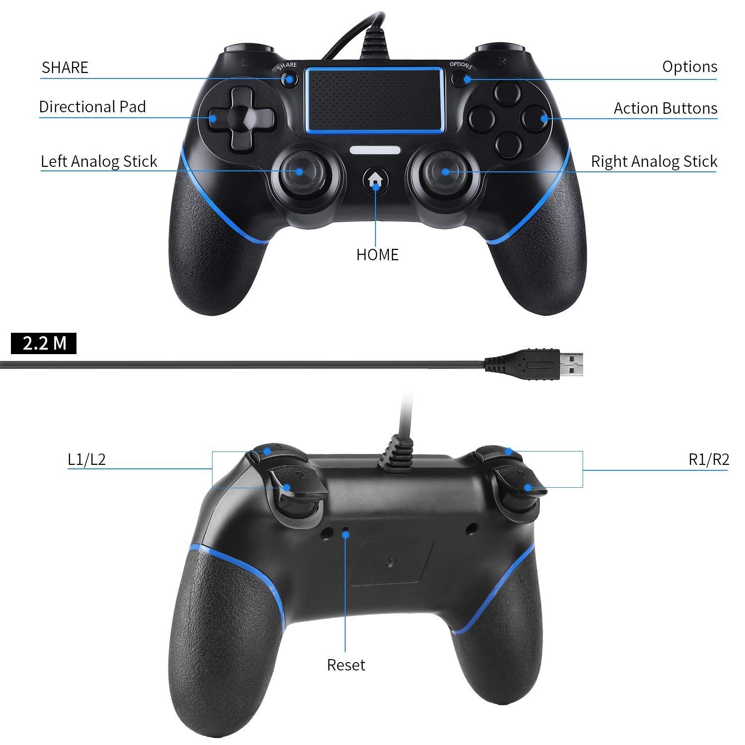 Zexrow Wired Controller per PS-4, USB da 2,1 m Wired Game Controller per Pla-yStation4/Pro/Slim/PC, Gamepad con doppia vibrazione e impugnatura antiscivolo (Nessuna porta audio)