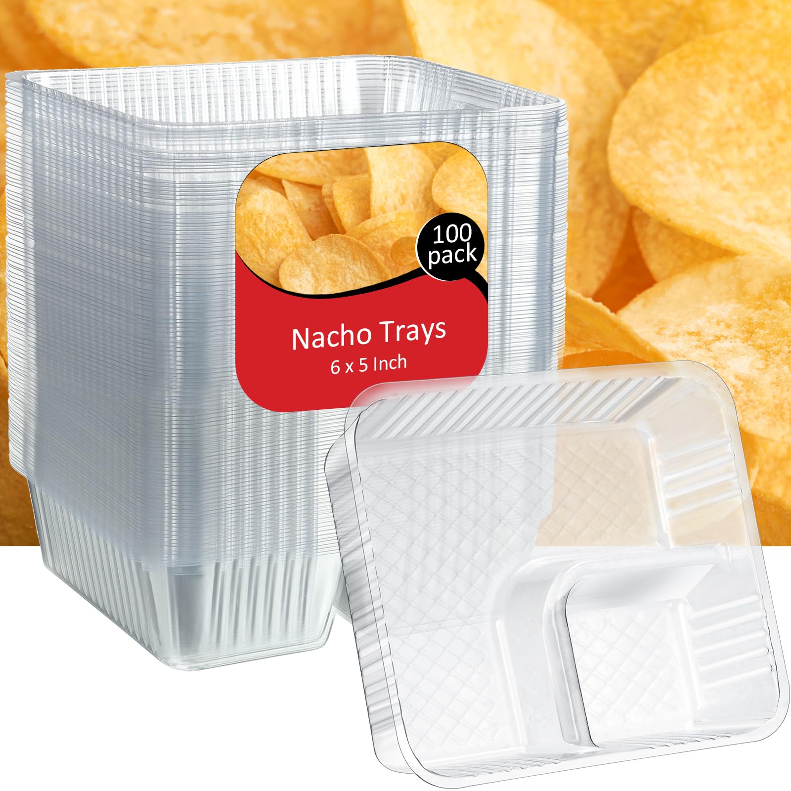 Vesici 100 Pcs 12oz Nacho Trays Disposable 2 Compartment Food Snack Tray Concession Stand Supplies Movie Night Clear Plastic Cheese Dip and Chip