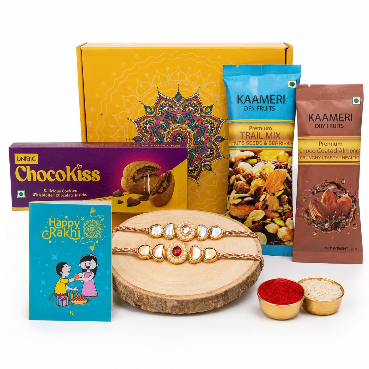 Kaameri Bazaar Rakhshabandhan Chocolate Biscuit Hamper Rakhi Gift for Brother - Rakhi with Dry Fruits and Chocolate Combo Greeting Card, Roli Chawal Pack - Gold Crystal Set of 2-image-12