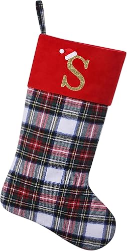 Miniatura 54 de Calcetines de Navidad personalizados con monograma inicial, adornos colgantes, medias clásicas de cuadros rojos de 19 pulgadas, decoraciones