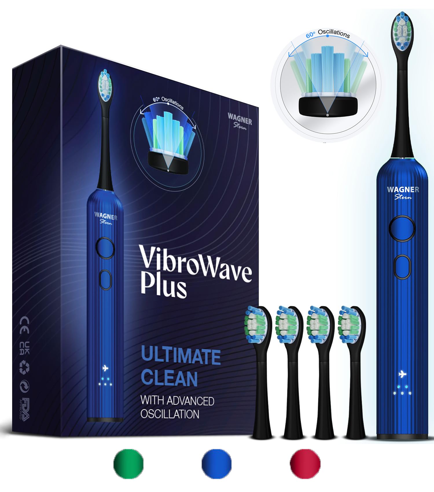 Wagner Stern VibroWave Plus Oscillation & Vibration Sonic Electric Toothbrush with 4 Brush Heads. IPX7 Waterproof.
