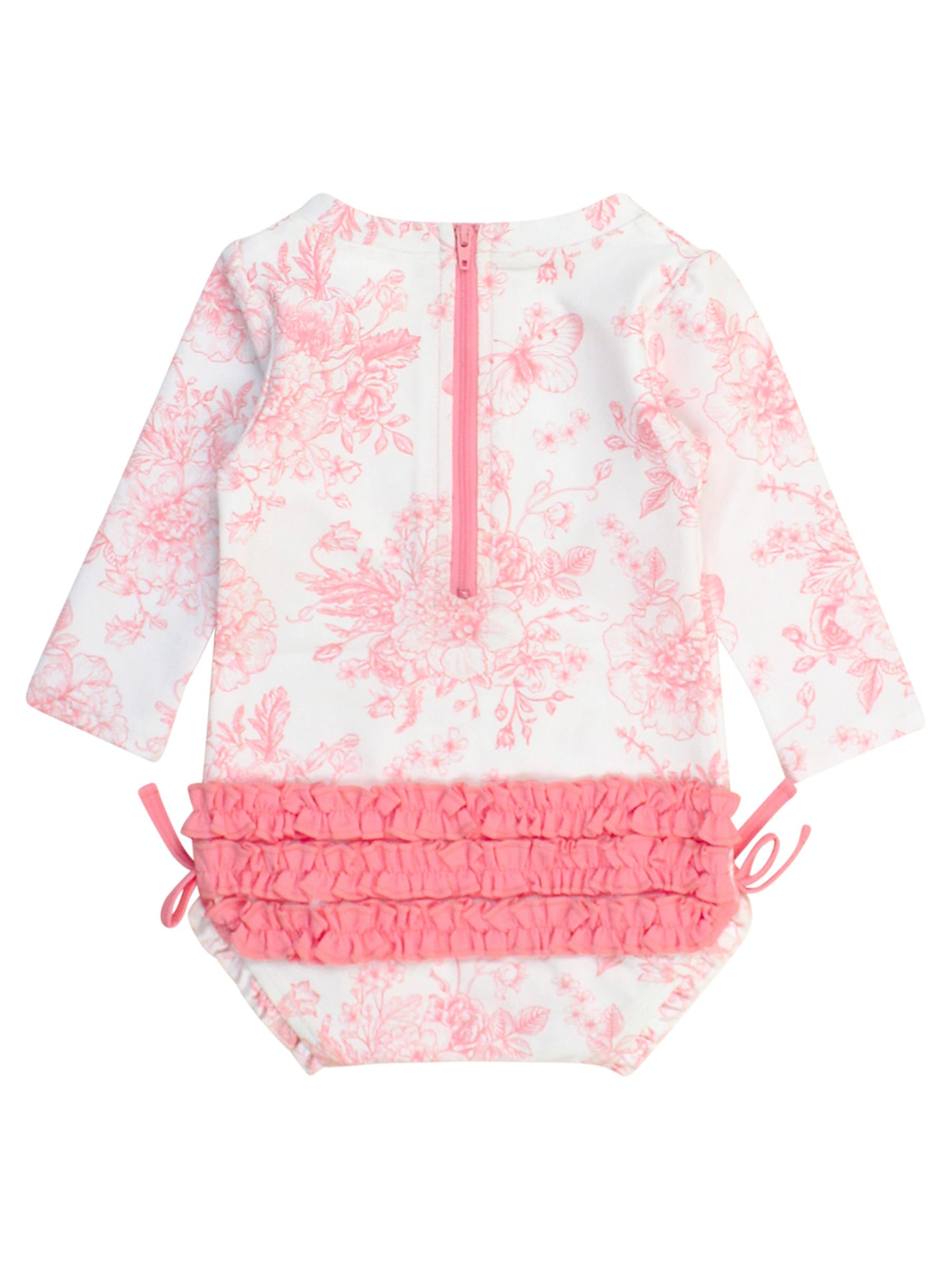 RuffleButts Costume da Bagno Intero A Maniche Lunghe con Stampa Floreale, Protezione Solare UPF 50 per Neonate, con Cerniera - Periwinkle Butterfly Garden, 3-6 Mesi