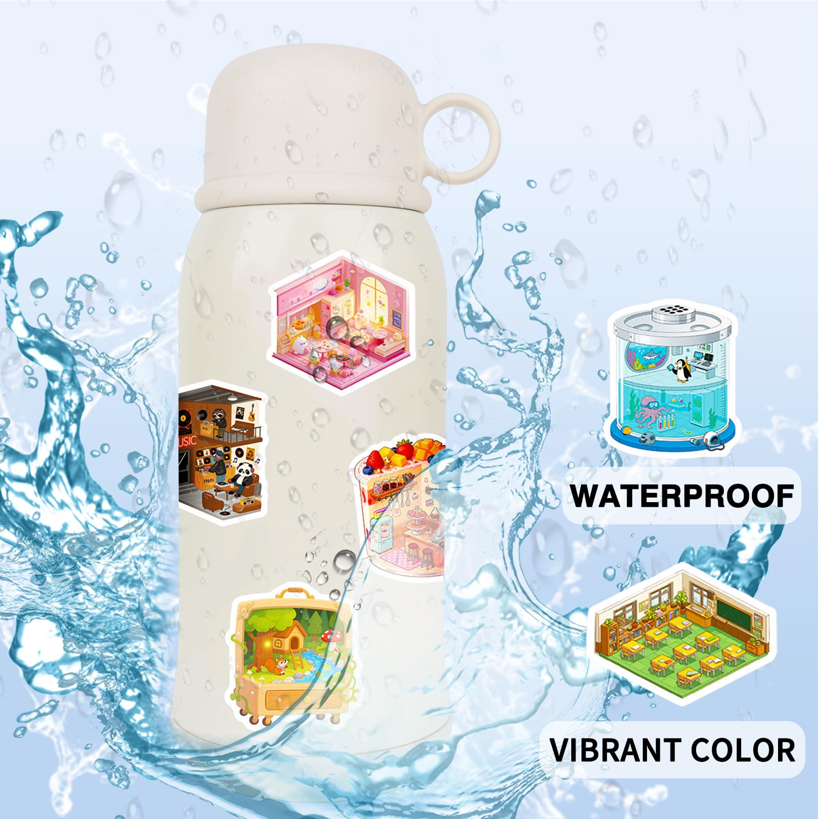 Anboor Stickers for Water Bottles, 56PCS 3D Miniature Scene Sticker, Waterproof Vinyl Room House Stickers for Laptop Luggage Skateboard Teens Adults - 5